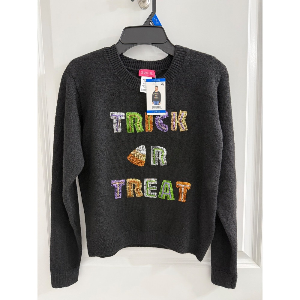 Zunie Girl Trick or Treat Sequin Halloween Sweater Black Girls Size L 10/12 NWT